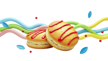 Two donuts with red icing and colorful abstract wavy lines