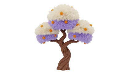 Whimsical Stylized Tree with Fuzzy Foliage and Orange Orbs
