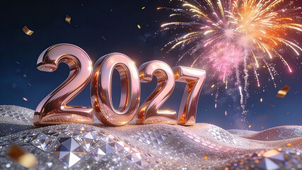 A New Year's celebration scene featuring massive, glossy, highly reflective metallic rose-gold 3D numbers spelling 2027 resting on a undulating landscape of sparkling glitter. 