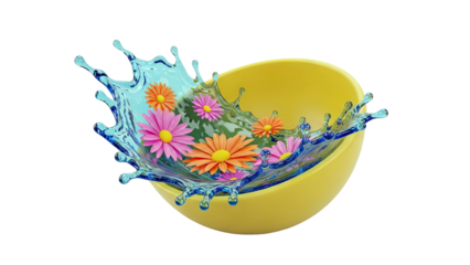 Yellow bowl with colorful flowers and water splash
