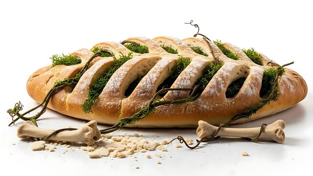 Surreal leaf-shaped fougasse bread with moss growing in slits and animal bones entangled in vines, isolated on white.