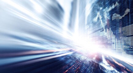 Abstract digital data flow with bright light streaks and glowing charts.