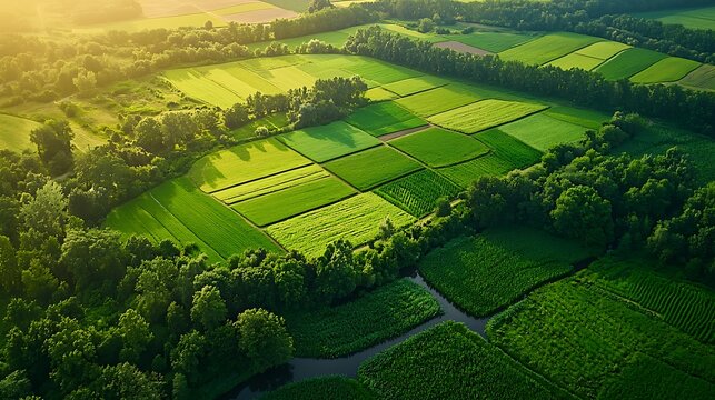 Aerial View of Cultivated Fields: A stunning aerial perspective of a meticulously cultivated landscape, where vibrant green fields create a patchwork quilt of agriculture.