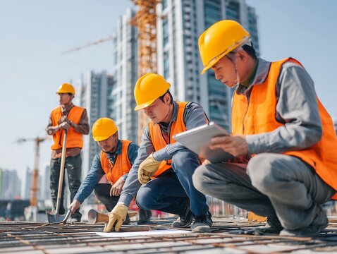 建設現場でヘルメットを着用した作業員たちが図面を確認し安全に作業する様子