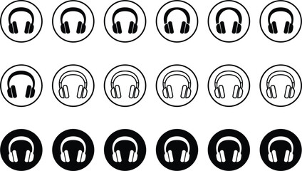 Large collection of headphone icons in various styles including solid outline and circular designs for music and audio.