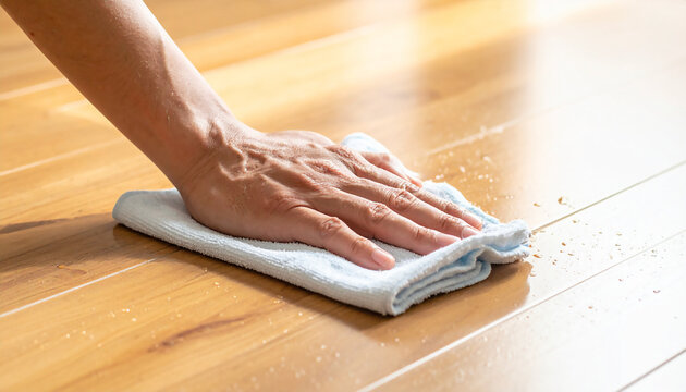 明るい室内でフローリングを水拭き掃除する手元のクローズアップ