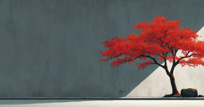 Orange tree against grey wall backdrop.
