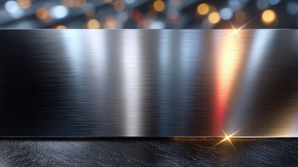 Obraz premium Sleek brushed metal surface with glowing bokeh lights and dark texture, creating a modern, luxurious abstract background.
