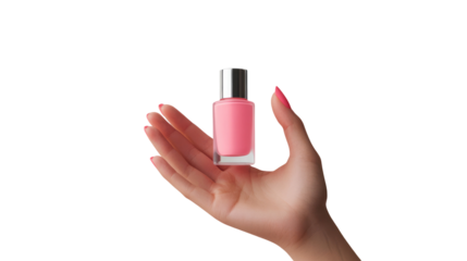Hand holding pink nail polish bottle, isolated on transparent background