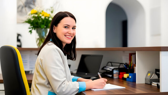 Smiling young female receptionist or medical assistant working at clinic front desk.
