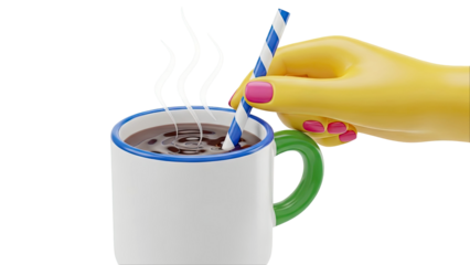 Stylized hand stirring hot coffee in a mug with a straw