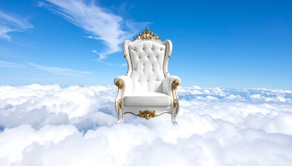 Majestic White Throne Seated Amongst Fluffy Clouds in a Bright Blue Sky.