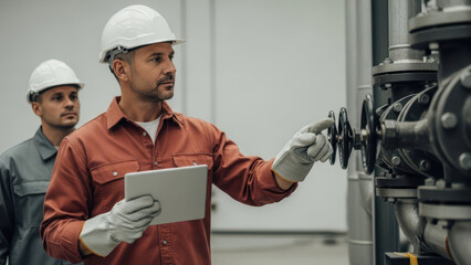 Industrial engineer in hard hat using digital tablet while inspecting mechanical valves and pipes at manufacturing plant with coworker observing safety operations