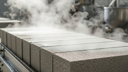 Industrial production of lightweight aerated concrete blocks on automated line with visible steam evaporation, modern construction materials manufacturing process in factory environment