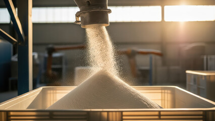 Industrial granulated sugar pouring from automated machine into large container forming smooth conical mound in modern factory warehouse at warm sunset light