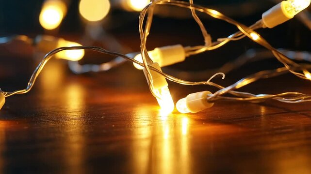 Tangled string of small warm yellow fairy lights glowing on dark wooden surface with beautiful bokeh background for festive holiday atmosphere or cozy evening decor