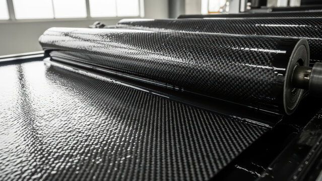 Glossy carbon fiber sheet rolling through industrial machine with wet resin coating in modern composite manufacturing workshop under bright factory window light