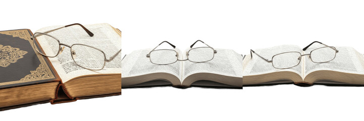 Obraz premium Holy book reading glasses used for religious study, scripture reading, and devotional learning isolated on white background 