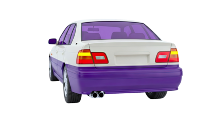 Two-tone sedan with purple accents and tinted windows