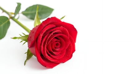 Close up of a vibrant red rose bloom covered in small refreshing water droplets lying diagonally across a bright white surface flower dew stem leaf romantic love passion nature plant