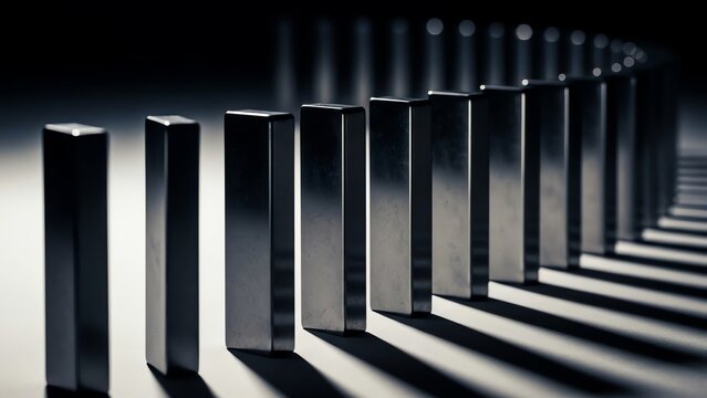 A row of reflective metallic dominoes casting long shadows on a dark surface, symbolizing connection and consequences