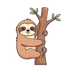 Obraz premium Cute Cartoon Sloth Hanging on a Tree Branch.