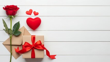 A vibrant red rose rests beside a wrapped gift with a satin bow an envelope and several red hearts atop white wooden planks Valentines Day love present romance celebration ribbon top view