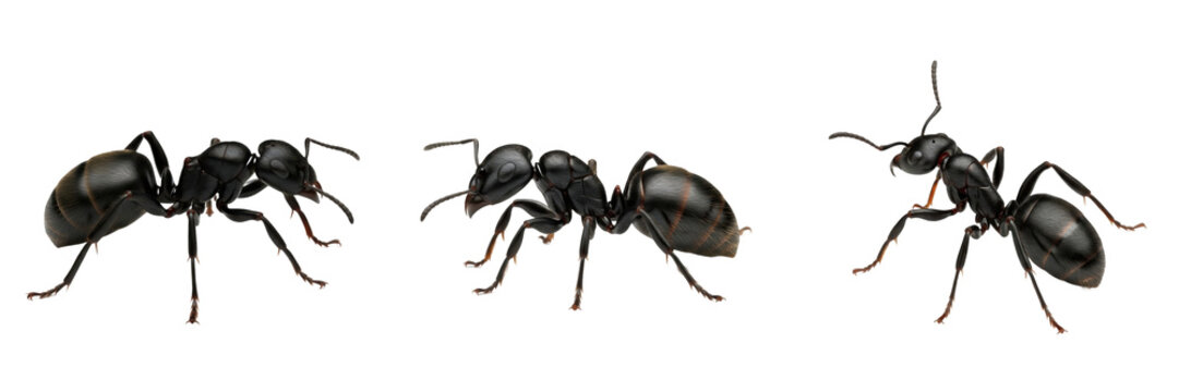 Set/Collection of black carpenter ant insects (Camponotus species) for forest ecology, entomology, biology and pest control illustration isolated on transparent PNG background