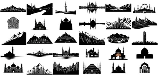 sacred horizons timeless mosques and mountains in bold silhouette art set, isolated on transparent background