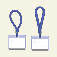 Two blank blue and white I D badges with lanyards on pale yellow background ID badges identification cards.