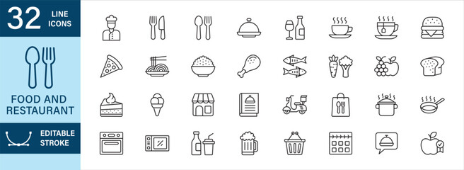Restaurant icon set in thin line design. Food icons set. Contains icon symbol of chef, cook, fork, spoon, knife, service, reservation, store, beverage, seafood, dessert, menu, vegetables, delivery.
