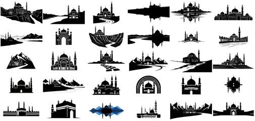 sacred architectures graphic silhouettes bridging spiritual heritage with natural majesty set, isolated on transparent background
