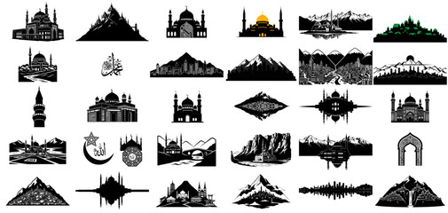 majestic islamic architecture and grand mountain silhouettes a timeless cultural heritage collection, isolated on transparent background