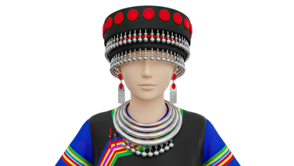 Woman in Traditional Hmong Attire with Elaborate Headdress and Jewelry
