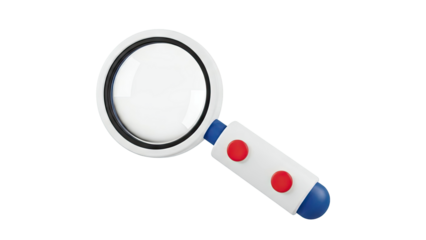 Stylized Magnifying Glass with Red Buttons and Blue Accents