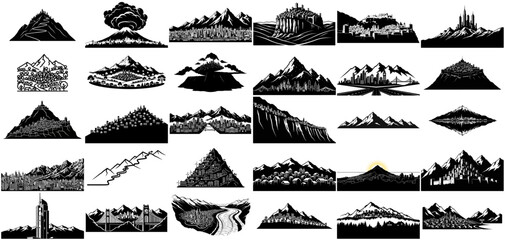 worldscape silhouettes diverse horizons, majestic peaks, and urban sprawl icons set, isolated on transparent background