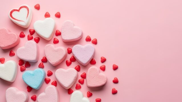 An assortment of colorful heart shaped marshmallow candies scattered across a pastel pink surface creating a romantic festive border design candy valentine love sweet sugar food romance