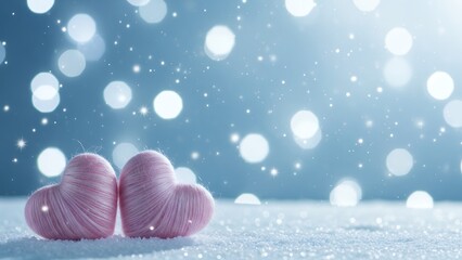 Two delicate pink yarn hearts rest upon sparkling white snow with a bright blue winter bokeh effect and falling snow love romance Valentines Day cute fluffy texture soft holiday celebration