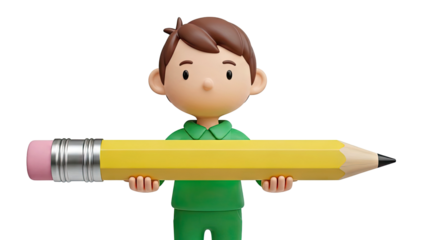 Cartoon Boy Holding a Giant Yellow Pencil