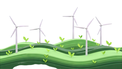 Wind Turbines on Rolling Green Hills with Sprouts