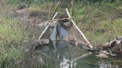 A traditional bamboo and mesh fishing trap is set in a narrow, flowing stream. The structure uses slanted bamboo poles to funnel water and fish into a fine blue net. Sustainable fishing method.