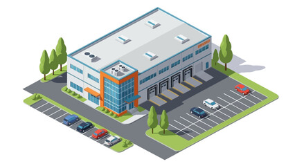 Modern isometric illustration of a logistics and distribution center. Features commercial warehouse, loading docks, office, and parking for efficient storage and delivery