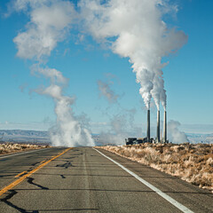 Archival 2015 view of the Navajo Generating Station, viewed from hwy 98. Page, Arizona, USA. A historic shot of the coal power plant before its 2019 closure and 2020 demolition.
