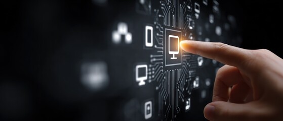 Finger touching glowing computer icon on dark circuit board interface