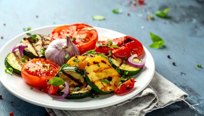 Delicious Grilled Vegetables Platter with Tomatoes and Zucchini.