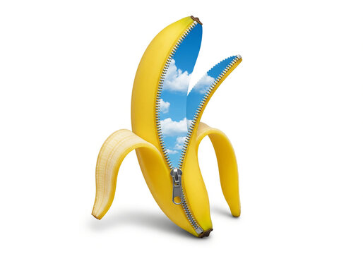 Yellow banana with zipper revealing blue sky and clouds inside surreal.