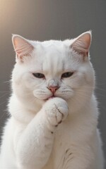 White cat sits, paws clasped near nose, eyes half-closed in thoughtful pose.