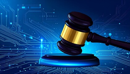 Digital Law and Justice Concept with Gavel and Circuit Board Background.