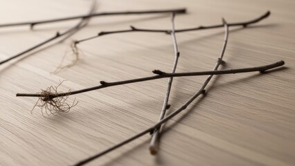 Bare tree branches on wooden surface