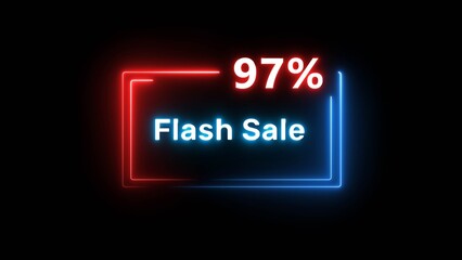 Flash sale 97% offer illustration. Neon discount number on black background. Neon glowing percent number. Business promotion offer number.